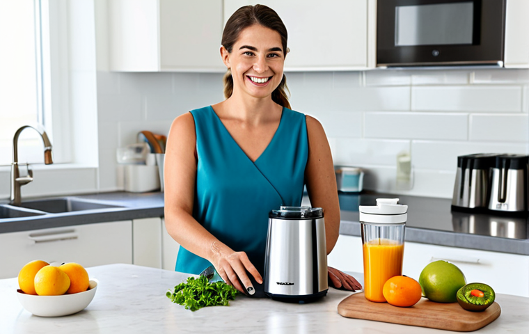 Cordless Mixer Grinder Convenience**

"A modern kitchen scene showcasing a cordless mixer grinder on a clean countertop. A fully clothed woman is smiling as she prepares a smoothie. Bright, natural lighting. The background includes modern kitchen appliances and fresh fruits. Safe for work, appropriate content, fully clothed, family-friendly. Perfect anatomy, correct proportions, natural pose, well-formed hands, proper finger count, natural body proportions, professional photography, high quality."

**