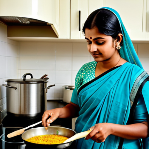 Home 6 **
"A fully clothed woman in a modest, traditional Bengali sari, cooking in a modern, clean kitchen. She is using a silicone spatula to stir food in a pan. The kitchen features various silicone utensils and food storage containers. Natural lighting, soft focus, safe for work, appropriate content, professional photography, perfect anatomy, natural proportions, family-friendly."
**