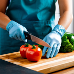 주방용 손가락 보호기구 추천 - **Cutting Gloves:** "A person wearing stainless steel cutting gloves, chopping vegetables on a woode...