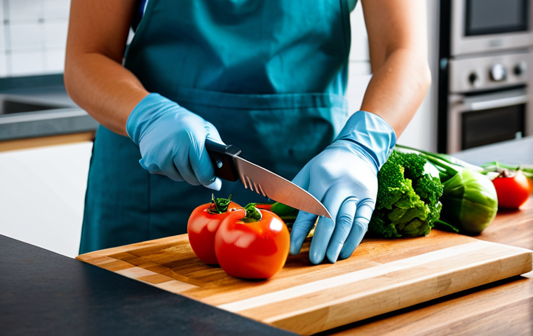 주방용 손가락 보호기구 추천 - **Cutting Gloves:** "A person wearing stainless steel cutting gloves, chopping vegetables on a woode...