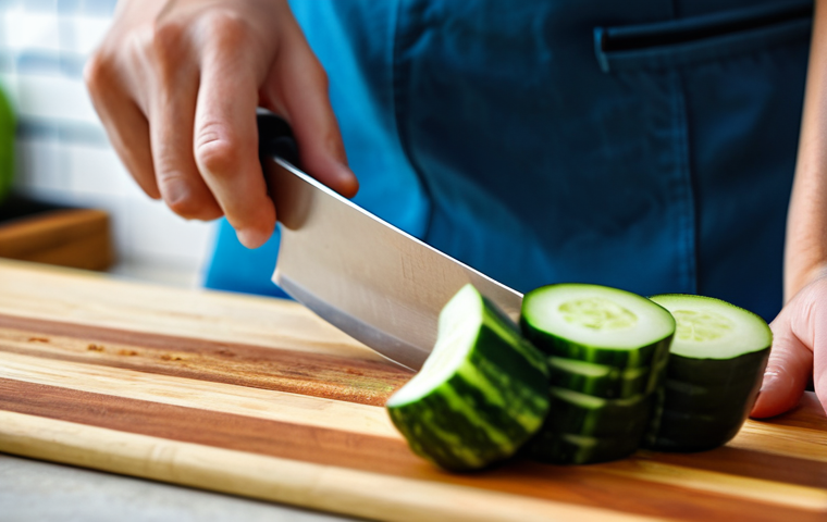 주방용 손가락 보호기구 추천 - **Cutting Gloves:** "A person wearing stainless steel cutting gloves, chopping vegetables on a woode...
